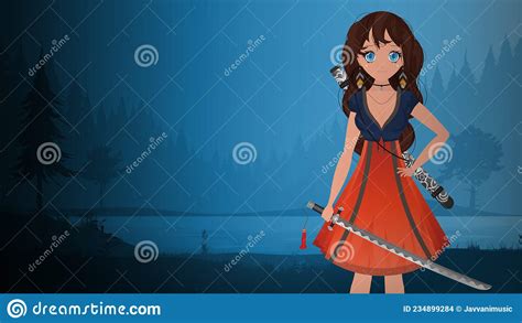 Girl With A Katana In A Blue And Red Dress Anime Samurai Woman On A