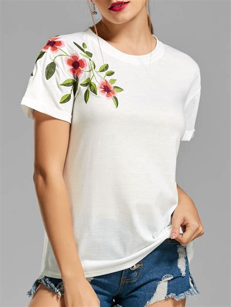 2018 Flower Embroidered T Shirt In White 2xl