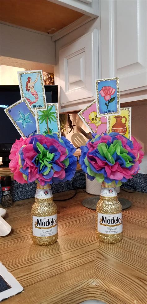Beautiful 3 Flower Loteria Centerpiece In A Glitter Glass Modelo Bottle Mexican Birthday Parties