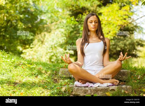 Woman Yoga Meditation Forest Nature Stock Photo Alamy