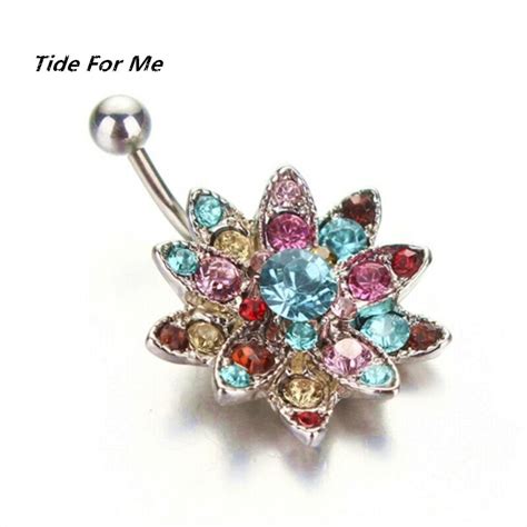 Colorful Flower Dangle Belly Button Ring Sexy Crystal Double Piercing