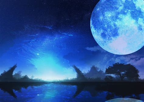 Nobody Moon Sky Stars Night Trees Monochrome Blue Water