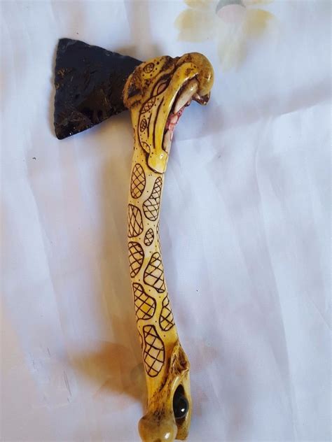 Mayan Axe Obsidian Blade And Hand Made Deer Bone Carving Handle Hacha