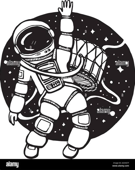 Vector Illustration Of Cosmonaut Astronaut In Space With Drum On White
