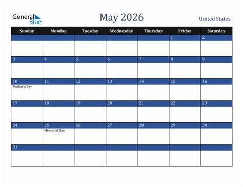 May 2026 Monthly Calendar With United States Holidays