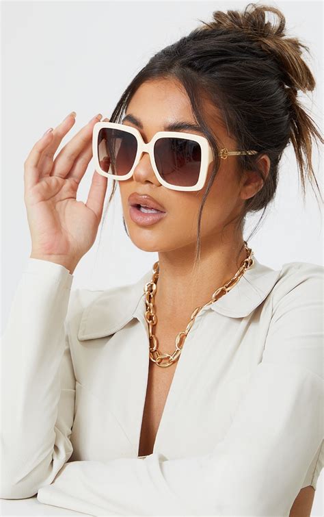 Plt Cream Branded Oversized Square Sunglasses Prettylittlething Aus