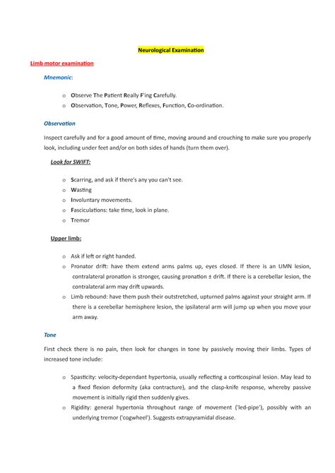 Neurological Examination Neurological Examination Limb Motor