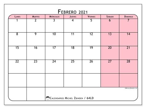 10 al 22 de marzo de 2021. Calendario "64LD" febrero de 2021 para imprimir - Michel ...