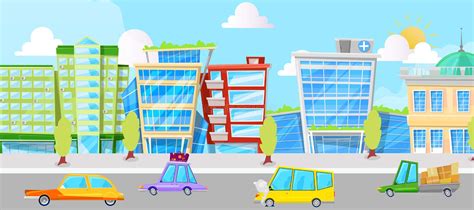 City Street With Cartoon Cars Panorama Vector Illustration Cars