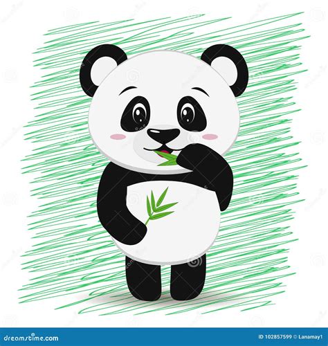 Sweet Panda With A Branch Of Bamboo In The Style Of The Cartoon Stands