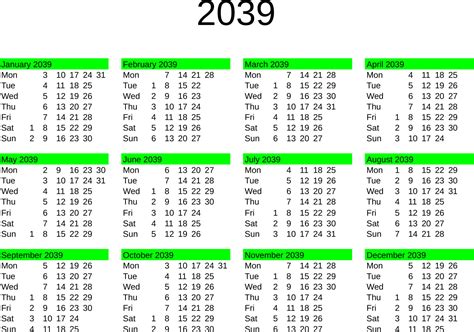 Year 2039 Calendar In English 24310380 Vector Art At Vecteezy