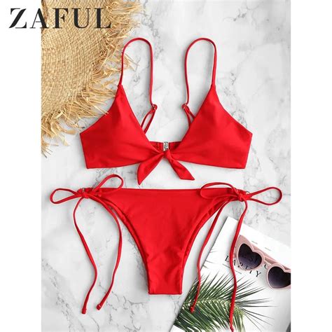 Zaful Knotted String Bikini Set Spaghetti Straps Women Swimsuit Solid