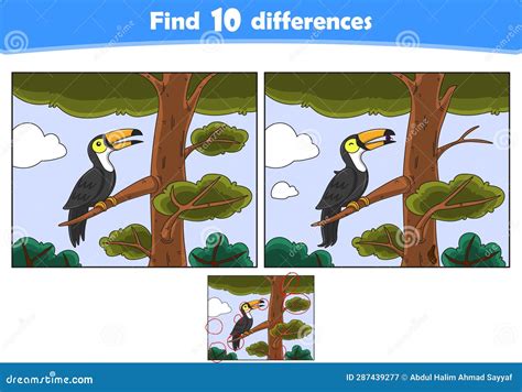 Funny Cartoon Toucan Find 10 Differences Kids Education Games Stock