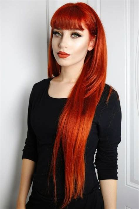 Long Straight Hair With Pretty Bangs And Gorgeous Copper Red Hair Color