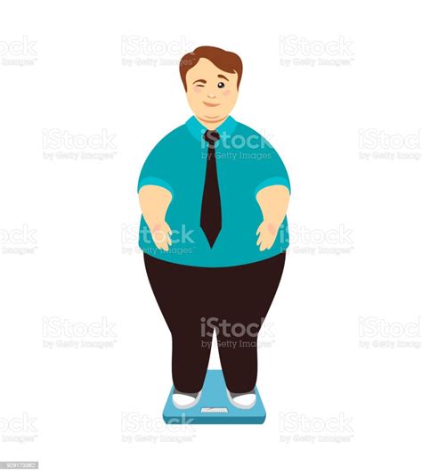 Weight Loss Overweight Man On Scales Winks Stock Illustration