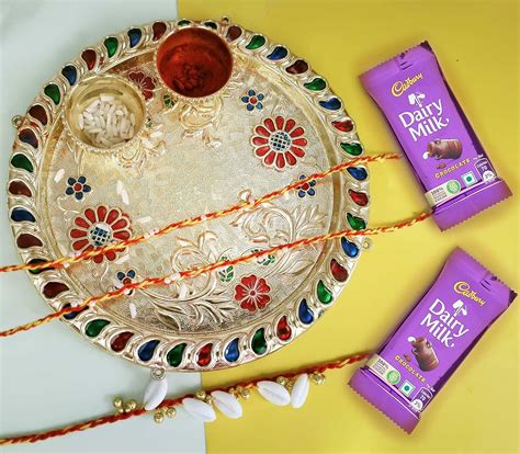 CraftVatika Moli Rakhi Set Of 3 With Chocolate And Puja Plate Thali