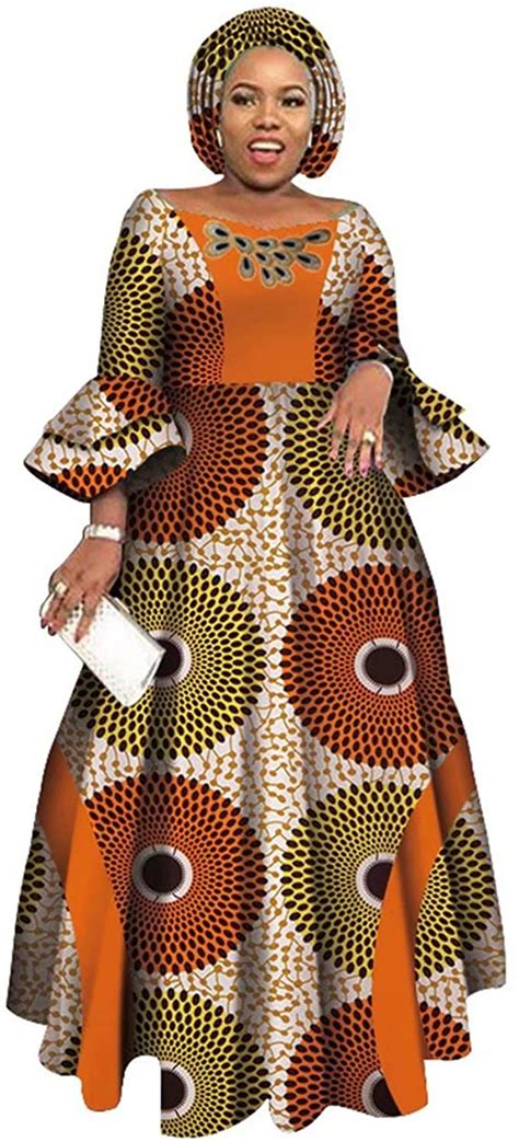 Iooiooi Womens African Party Maxi Dress Double Layered Bell Sleeve Long Dress And Headwrap