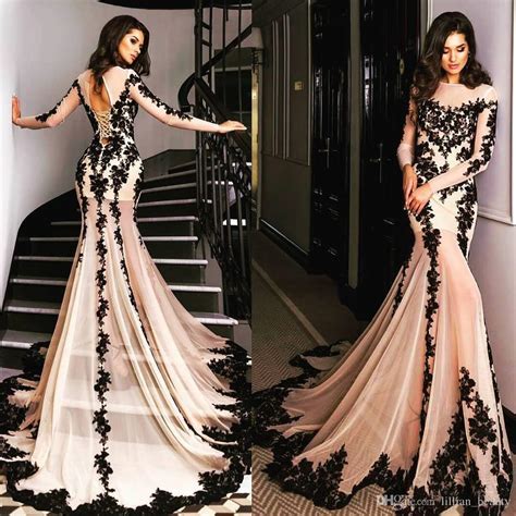 fitted blush pink lace prom dresses long sleeve chiffon party dress graduation gowns black