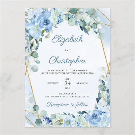 Dusty Blue Floral Gold Geometric Frame Wedding Invitation Size X