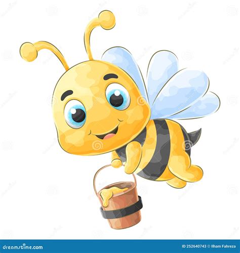 Cute Doodle Bee Carrying Honey With Watercolor Illustration Stock Illustration Illustration Of
