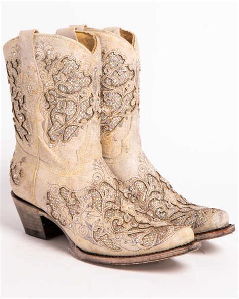 Corral Womens Metallic Glitter Inlay And Crystal Boots Snip Toe White