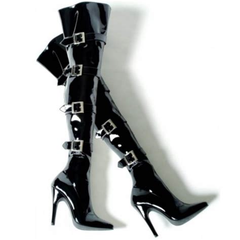 buckle up black patent over the knee thigh boot 5 inch high heel