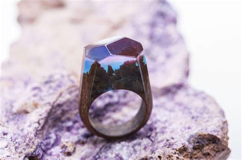 Aurora Borealis Wooden Resin Ring Eco Epoxy Jewelry Green Wood The Secret Of The Magical World