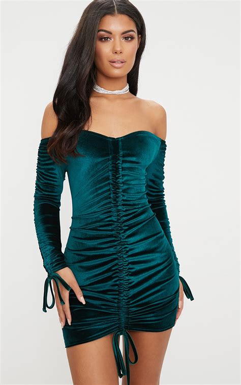 Emerald Green Bardot Velvet Ruched Arm Ruched Front Bodycon Dress Prettylittlething Uae