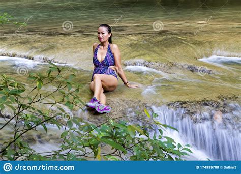 Woman With Swimsuit At Erawan Waterfall And Natural Stock Photo Image