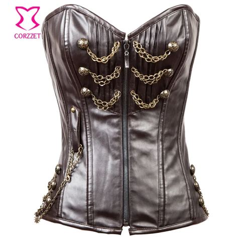 Plus Size Brown Leather Steampunk Corset Overbust Waist Trainer Corsets Steel Boned Zipper Sexy