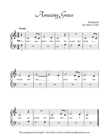 Amazing Grace Easy Hymn Piano Sheet Music To Print With Lyrics Hymn