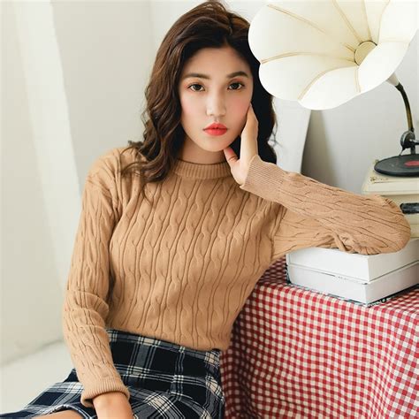 Women S Casual Sweaters Japanese Kawaii Ulzzang Loose Solid Color Round Neck Twist Sweater