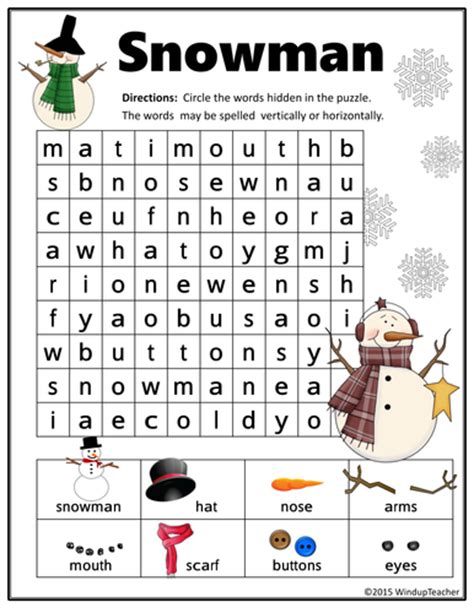 Snowman Word Search Primary With Pictures Teaching Resources