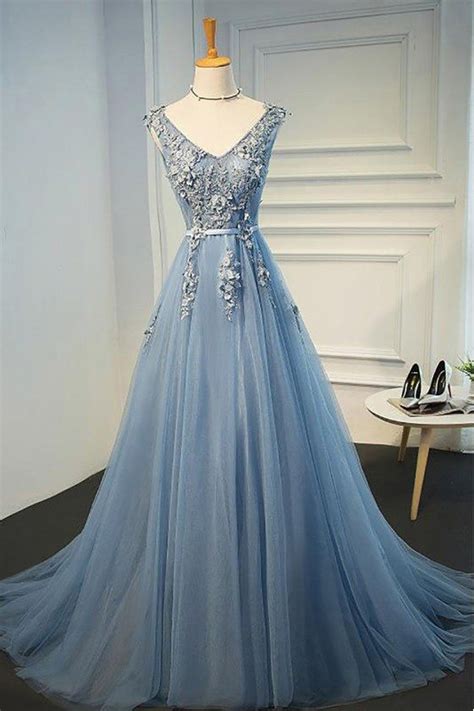 Gorgeous Dusty Blue V Neck Long Lace Prom Dress With Open Back 129