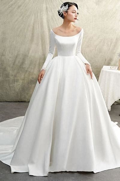 White Satin Ball Gown Wedding Dress Long Sleeve Wide