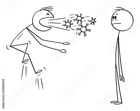 Vector Cartoon Stick Figure Drawing Conceptual Illustration Of Sick Infected Man Coughing Or