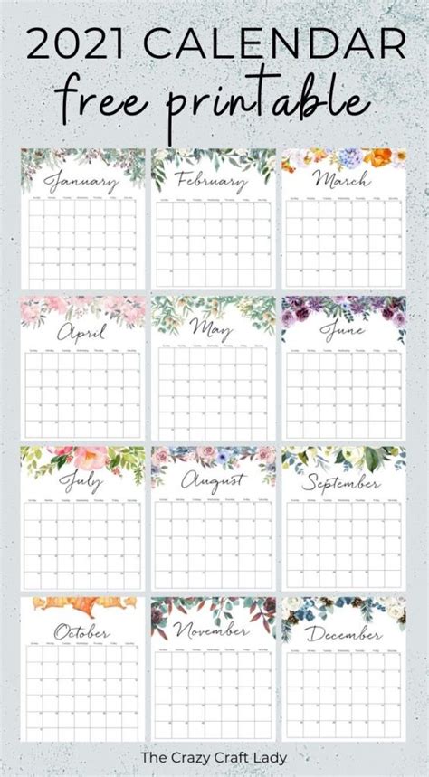 On the right side of the blank calendar button, you are going to see current years calendar. 2021 Free Printable Floral Wall Calendar - The Crazy Craft ...