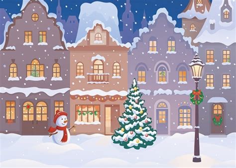 Cute Cartoon Winter Snow Covered Village Christmas Party