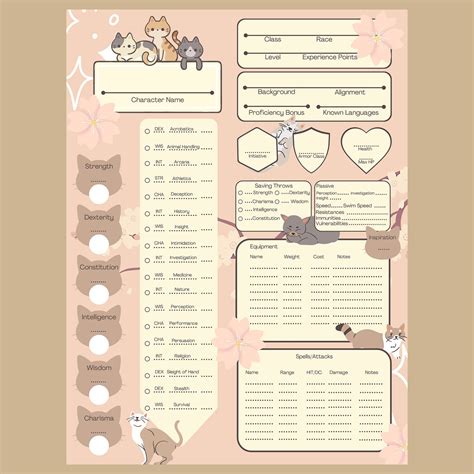 Printable D D E Fillable Cute Cats Character Sheet Blank Template Sexiz Pix
