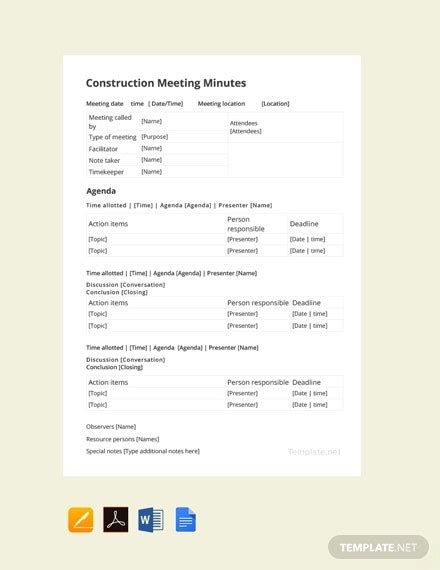 Construction Meeting Minutes Template 15 Sample Example Format
