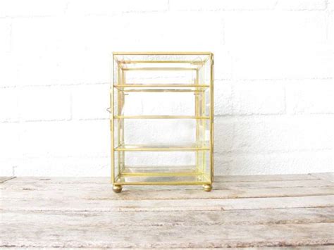 Vintage Brass And Glass Curio Cabinet Small Tabletop Display Etsy Glass Curio Cabinets