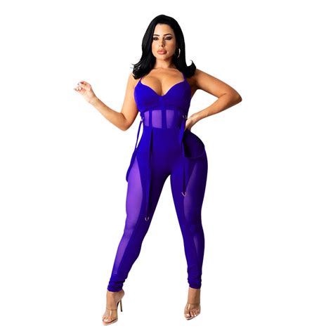 Newest Women Bodysuit Mesh Solid Color See Through Sexy Sling Jumpsuit Trousers For Women Black