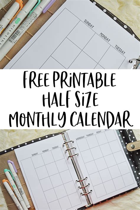 Free Printable Half Size Monthly Calendar For Your A5 Planner A5