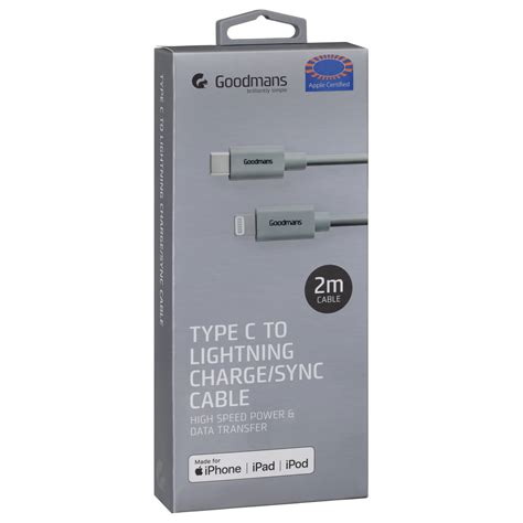 Goodmans Type C To Lightning Charge And Sync Cable 2m Grey Bandm