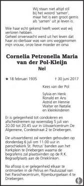 Cornelia Petronella Maria Nel Van Der Pol Kleijn 30 06 2017
