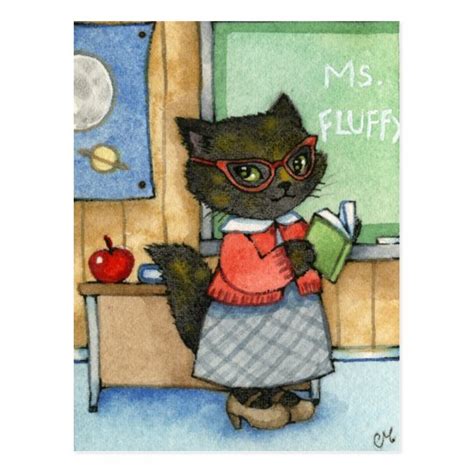 First Day Of School Cute Teacher Cat Art Postcard