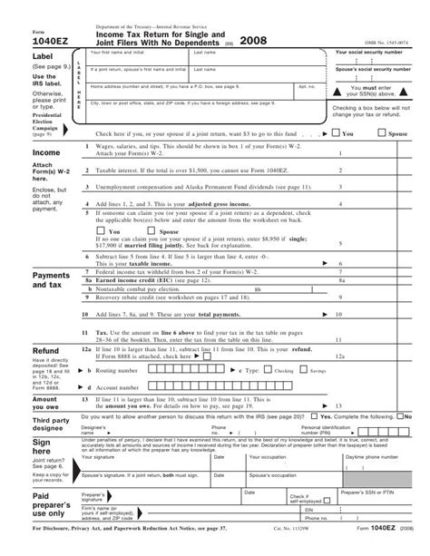 Form 1040ez Income Tax Return For Single And Joint Filer With No Depe