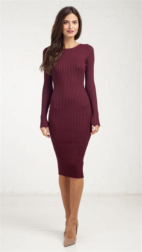 Fitted Ribbed Long Sleeve Pencil Dress Burgundy Long Sleeve Pencil Dress Simple Long Sleeve
