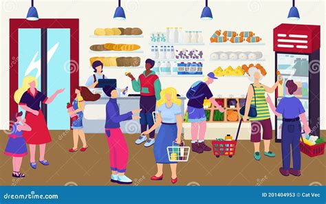 store with food vector illustration woman man customer people character at grocery