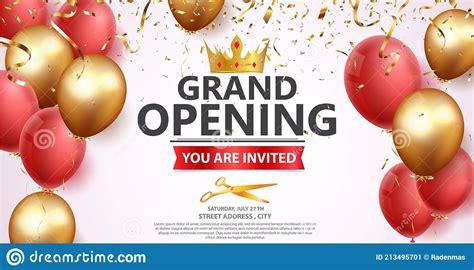 Grand Opening Card Design With Red Ribbon And Gold Confetti Stock